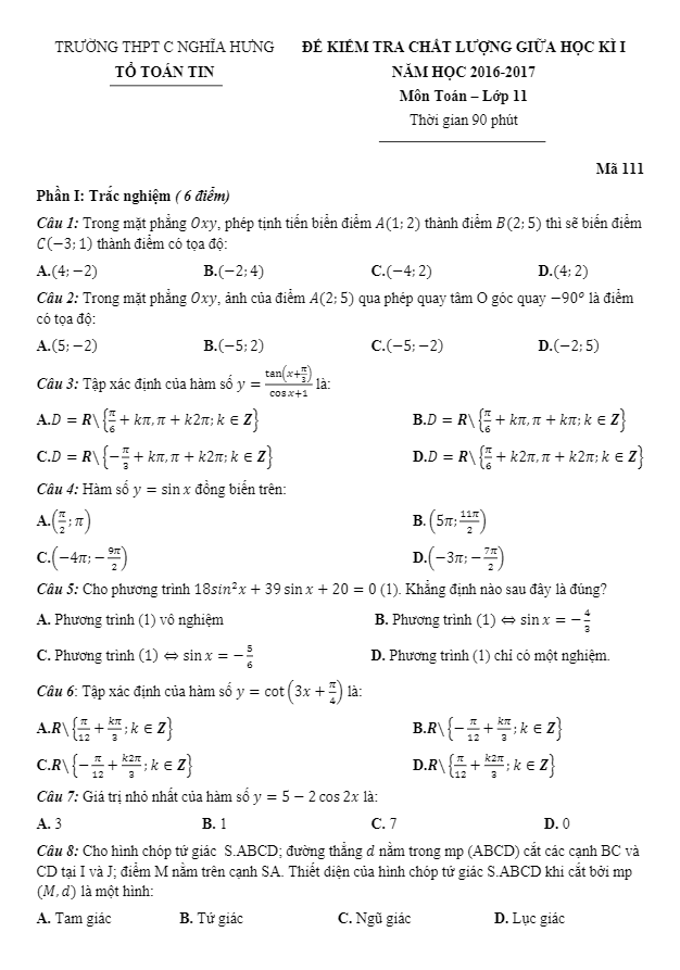Đề kiểm tra chất lượng giữa HKI lớp 11 môn Toán trường C Nghĩa Hưng Nam Định