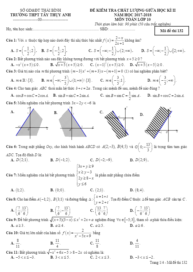 Đề kiểm tra chất lượng giữa học kì 2 (HK2) lớp 10 môn Toán trường Tây Thụy Anh Thái Bình