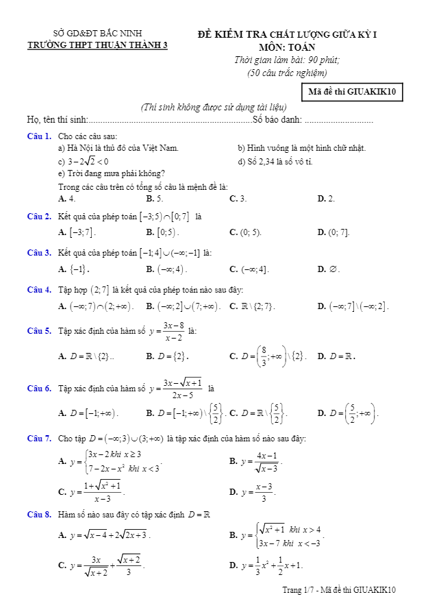 Đề kiểm tra chất lượng giữa kỳ I môn Toán trường THPT Thuận Thành 3 Bắc Ninh