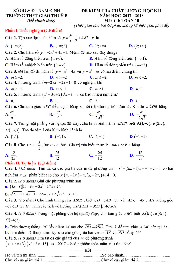 Đề kiểm tra chất lượng học kì 1 (HK1) lớp 10 môn Toán năm học 2017 2018 trường THPT Giao Thủy B Nam Định