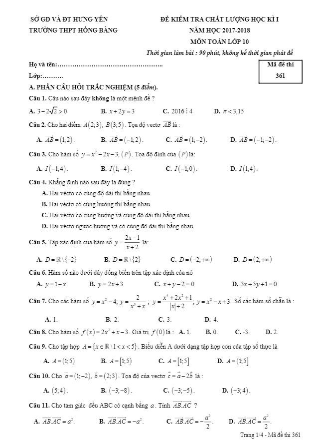 Đề kiểm tra chất lượng học kì 1 (HK1) lớp 10 môn Toán năm học 2017 2018 trường THPT Hồng Bàng Hưng Yên
