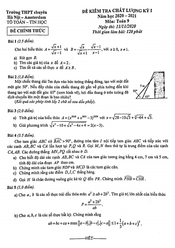 Đề kiểm tra chất lượng học kì 1 (HK1) lớp 9 môn Toán năm 2020 – 2021 trường chuyên Hà Nội – Amsterdam