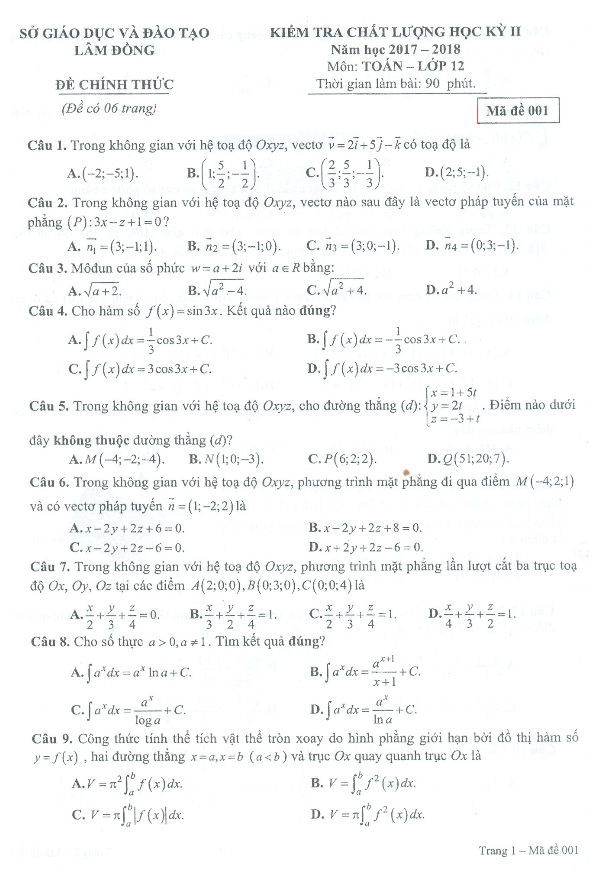 Đề kiểm tra chất lượng học kì 2 (HK2) lớp 12 môn Toán năm học 2017 2018 sở GD và ĐT Lâm Đồng