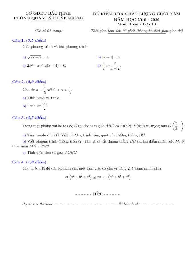 Đề kiểm tra chất lượng lớp 10 môn Toán cuối năm học 2019 2020 sở GD ĐT Bắc Ninh