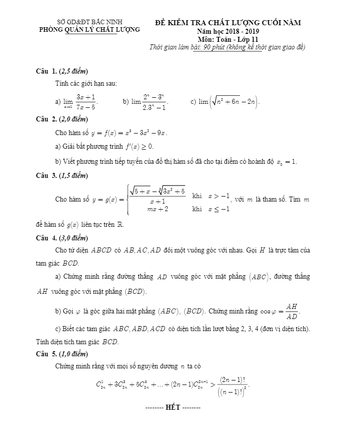 Đề kiểm tra chất lượng lớp 11 môn Toán năm 2018 – 2019 sở GD ĐT Bắc Ninh