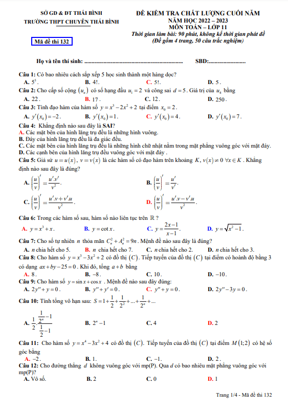 Đề kiểm tra chất lượng lớp 11 môn Toán năm 2022 2023 trường THPT chuyên Thái Bình