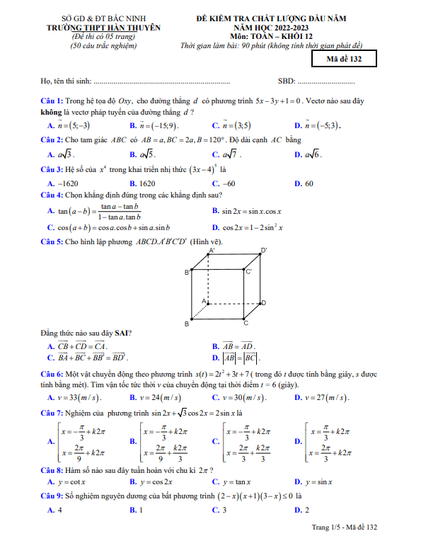 Đề kiểm tra chất lượng lớp 12 môn Toán đầu năm 2022 2023 THPT Hàn Thuyên Bắc Ninh