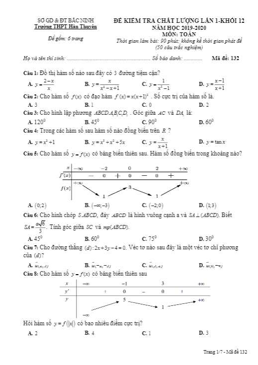 Đề kiểm tra chất lượng lớp 12 môn Toán lần 1 năm 2019 2020 trường Hàn Thuyên Bắc Ninh
