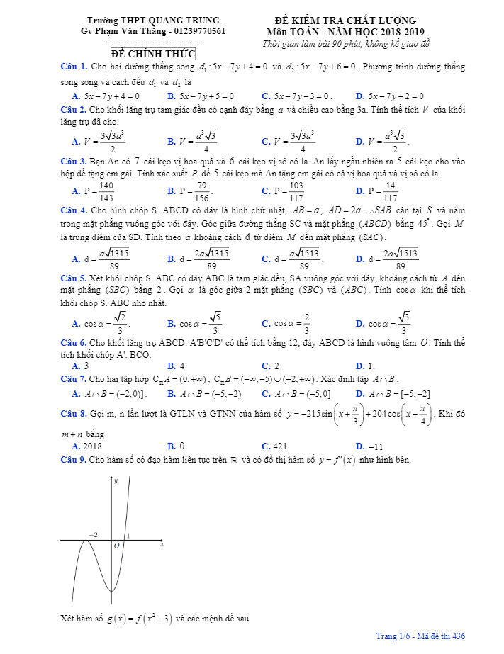 Đề kiểm tra chất lượng lớp 12 môn Toán năm học 2018 2019 trường THPT Quang Trung Hải Phòng