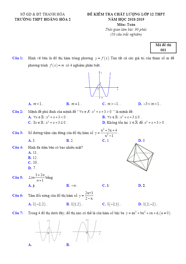 Đề kiểm tra chất lượng lớp 12 môn Toán THPT năm 2018 2019 trường Hoằng Hóa 2 Thanh Hóa