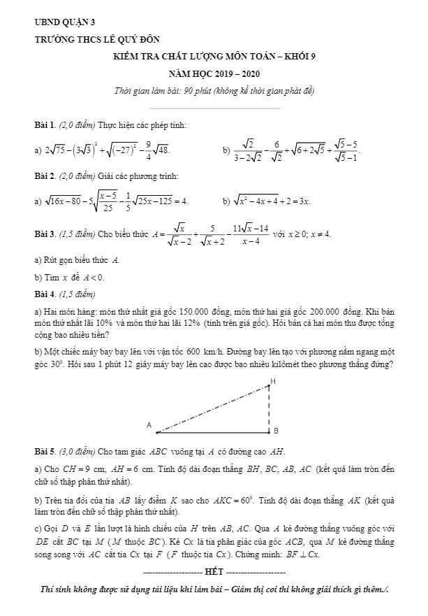 Đề kiểm tra chất lượng lớp 9 môn Toán năm 2019 2020 trường Lê Quý Đôn TP HCM