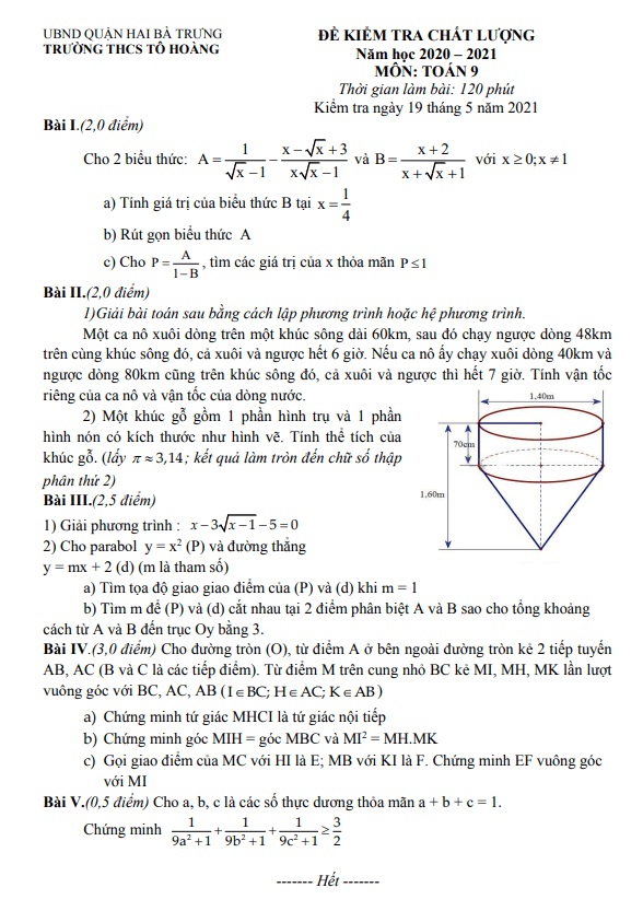 Đề kiểm tra chất lượng lớp 9 môn Toán năm 2020 2021 trường THCS Tô Hoàng Hà Nội