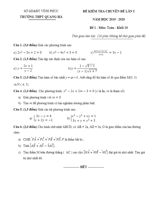 Đề kiểm tra chuyên đề lớp 10 môn Toán lần 1 năm 2019 2020 trường Quang Hà Vĩnh Phúc