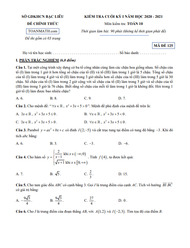 Đề kiểm tra cuối học kì 1 (HK1) lớp 10 môn Toán năm 2020 2021 sở GDKHCN Bạc Liêu