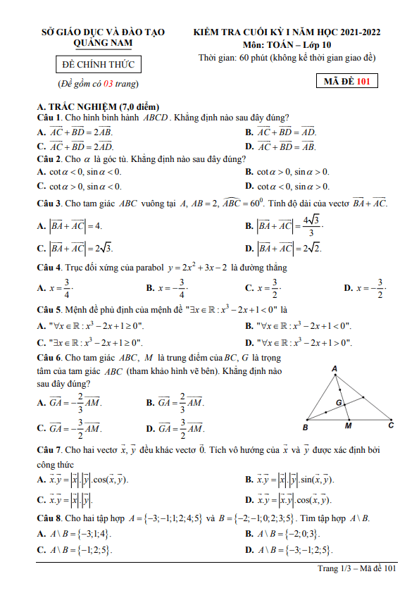 Đề kiểm tra cuối học kì 1 (HK1) lớp 10 môn Toán năm 2021 2022 sở GD ĐT Quảng Nam