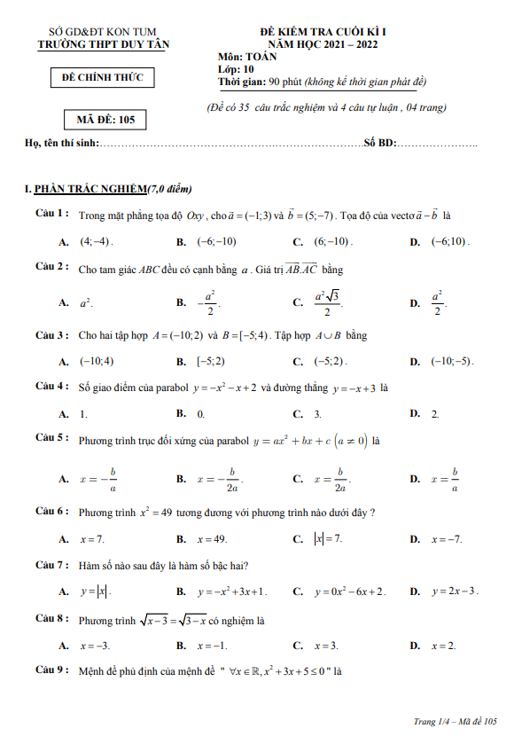 Đề kiểm tra cuối học kì 1 (HK1) lớp 10 môn Toán năm 2021 2022 trường THPT Duy Tân Kon Tum