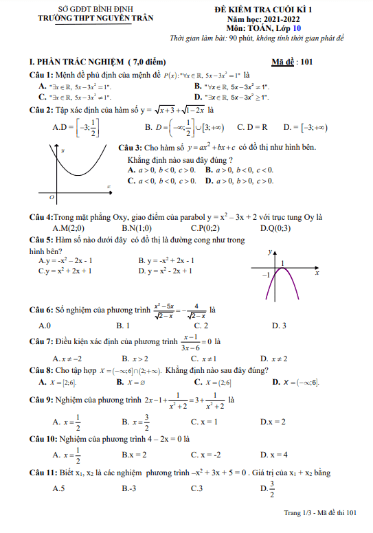 Đề kiểm tra cuối học kì 1 (HK1) lớp 10 môn Toán năm 2021 2022 trường THPT Nguyễn Trân Bình Định