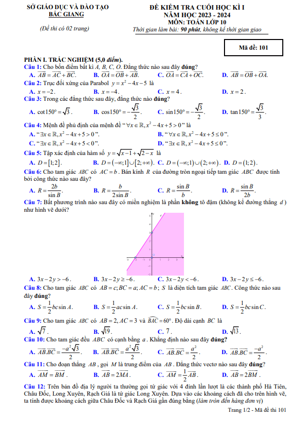 Đề kiểm tra cuối học kì 1 (HK1) lớp 10 môn Toán năm 2023 2024 sở GD ĐT Bắc Giang