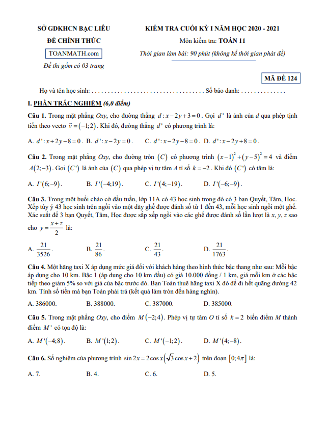 Đề kiểm tra cuối học kì 1 (HK1) lớp 11 môn Toán năm 2020 2021 sở GDKHCN Bạc Liêu