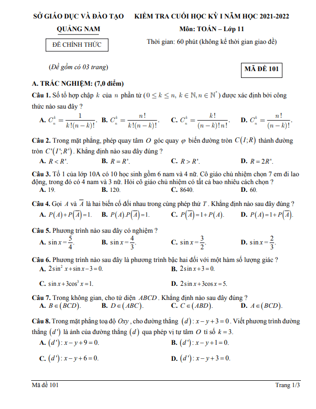 Đề kiểm tra cuối học kì 1 (HK1) lớp 11 môn Toán năm 2021 2022 sở GD ĐT Quảng Nam