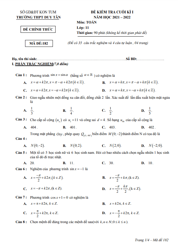 Đề kiểm tra cuối học kì 1 (HK1) lớp 11 môn Toán năm 2021 2022 trường THPT Duy Tân Kon Tum