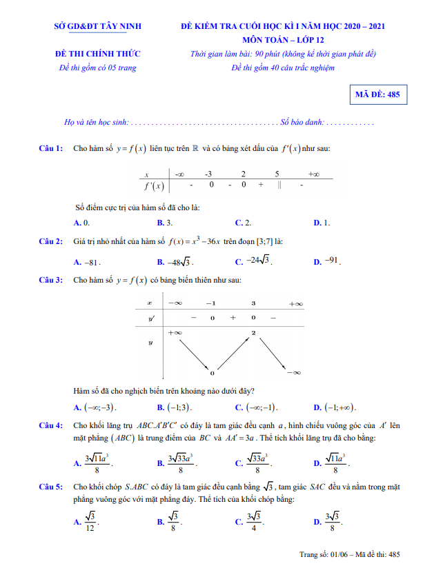 Đề kiểm tra cuối học kì 1 (HK1) lớp 12 môn Toán năm 2020 2021 sở GD ĐT Tây Ninh