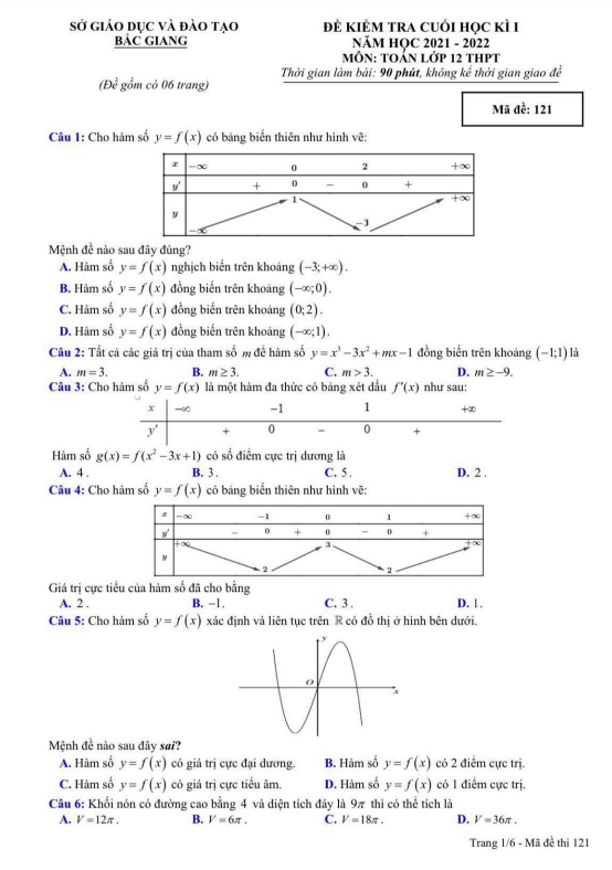 Đề kiểm tra cuối học kì 1 (HK1) lớp 12 môn Toán năm 2021 2022 sở GD ĐT Bắc Giang