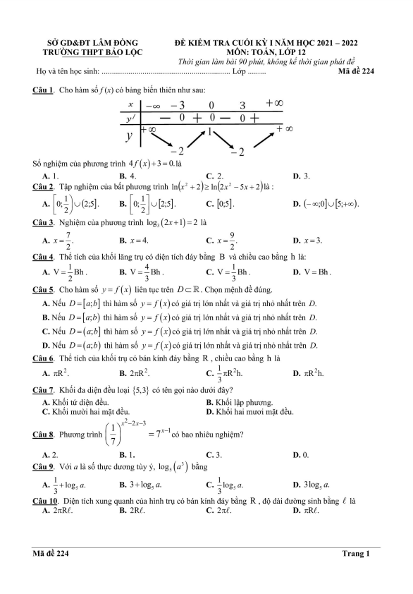 Đề kiểm tra cuối học kì 1 (HK1) lớp 12 môn Toán năm 2021 2022 trường THPT Bảo Lộc Lâm Đồng