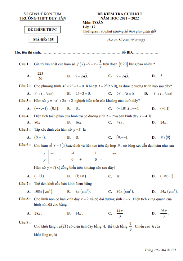 Đề kiểm tra cuối học kì 1 (HK1) lớp 12 môn Toán năm 2021 2022 trường THPT Duy Tân Kon Tum