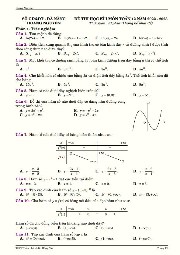 Đề kiểm tra cuối học kì 1 (HK1) lớp 12 môn Toán năm 2022 2023 sở GD ĐT Đà Nẵng