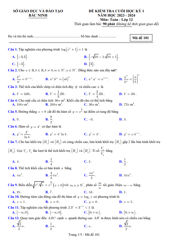 Đề kiểm tra cuối học kì 1 (HK1) lớp 12 môn Toán năm 2023 2024 sở GD ĐT Bắc Ninh