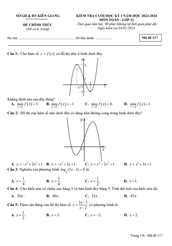 Đề kiểm tra cuối học kì 1 (HK1) lớp 12 môn Toán năm 2023 2024 sở GD ĐT Kiên Giang