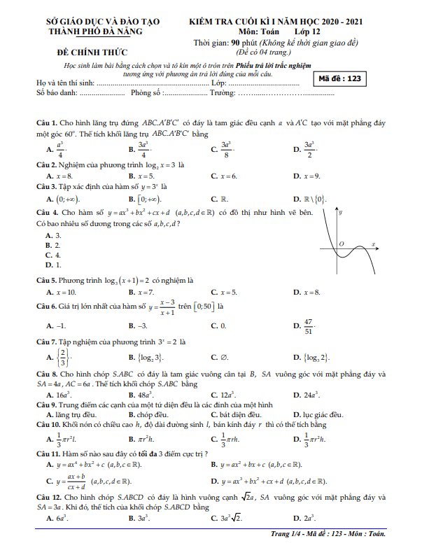 Đề kiểm tra cuối học kì 1 (HK1) lớp 12 môn Toán năm học 2020 2021 sở GD ĐT Đà Nẵng