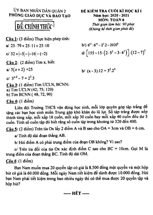 Đề kiểm tra cuối học kì 1 (HK1) lớp 6 môn Toán năm 2020 2021 phòng GD ĐT Quận 2 TP HCM