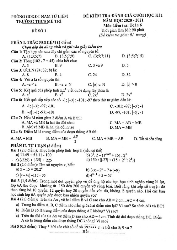 Đề kiểm tra cuối học kì 1 (HK1) lớp 6 môn Toán năm 2020 2021 trường THCS Mễ Trì Hà Nội