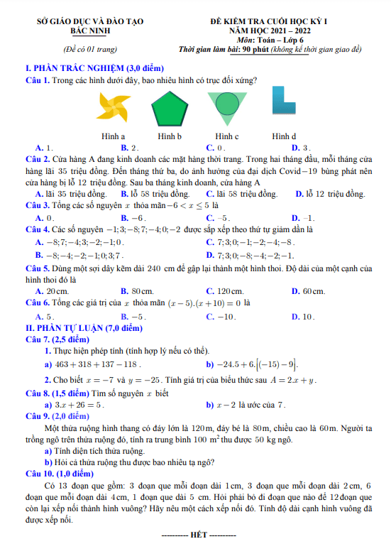 Đề kiểm tra cuối học kì 1 (HK1) lớp 6 môn Toán năm 2021 2022 sở GD ĐT Bắc Ninh