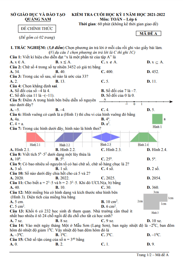 Đề kiểm tra cuối học kì 1 (HK1) lớp 6 môn Toán năm 2021 2022 sở GD ĐT Quảng Nam