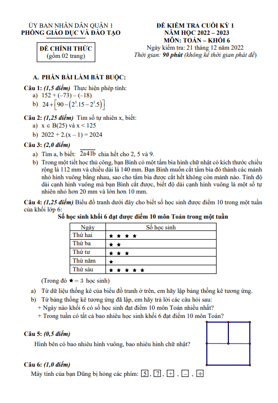 Đề kiểm tra cuối học kì 1 (HK1) lớp 6 môn Toán năm 2022 2023 phòng GD ĐT Quận 1 TP HCM