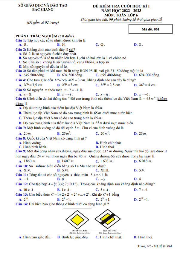 Đề kiểm tra cuối học kì 1 (HK1) lớp 6 môn Toán năm 2022 2023 sở GD ĐT Bắc Giang