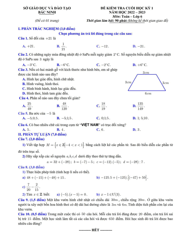 Đề kiểm tra cuối học kì 1 (HK1) lớp 6 môn Toán năm 2022 2023 sở GD ĐT Bắc Ninh