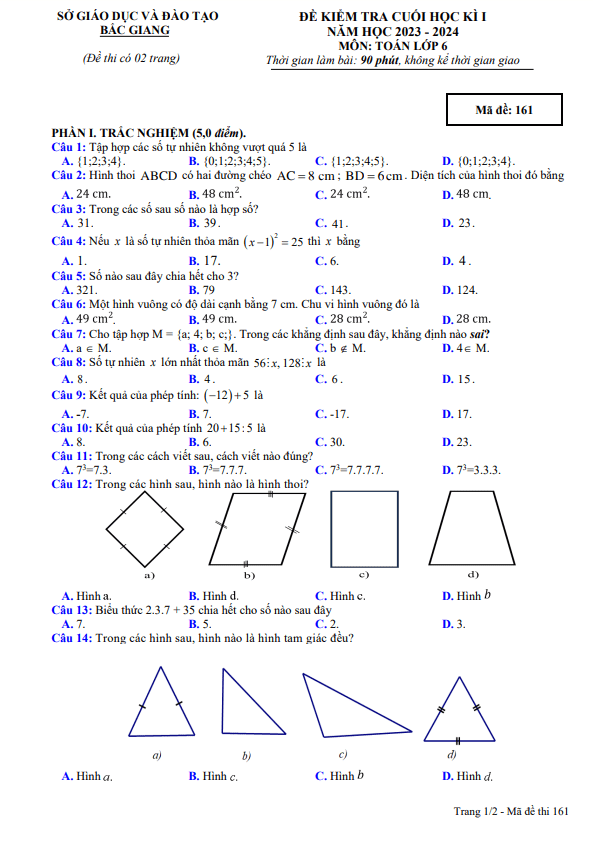 Đề kiểm tra cuối học kì 1 (HK1) lớp 6 môn Toán năm 2023 2024 sở GD ĐT Bắc Giang