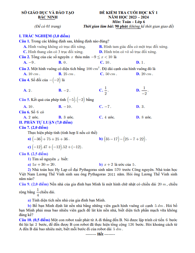 Đề kiểm tra cuối học kì 1 (HK1) lớp 6 môn Toán năm 2023 2024 sở GD ĐT Bắc Ninh