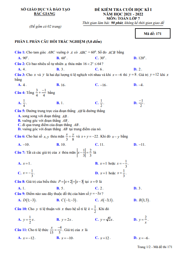 Đề kiểm tra cuối học kì 1 (HK1) lớp 7 môn Toán năm 2021 2022 sở GD ĐT Bắc Giang