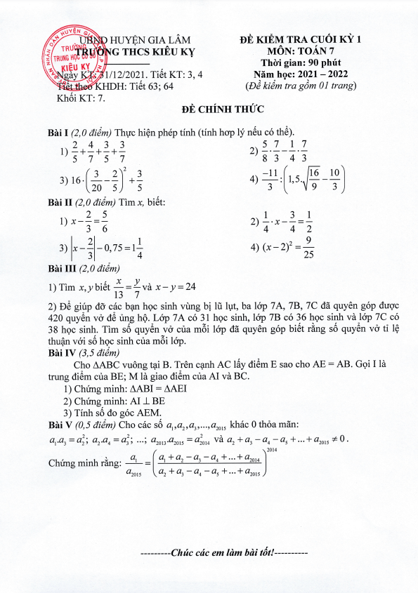 Đề kiểm tra cuối học kì 1 (HK1) lớp 7 môn Toán năm 2021 2022 trường THCS Kiêu Kỵ Hà Nội