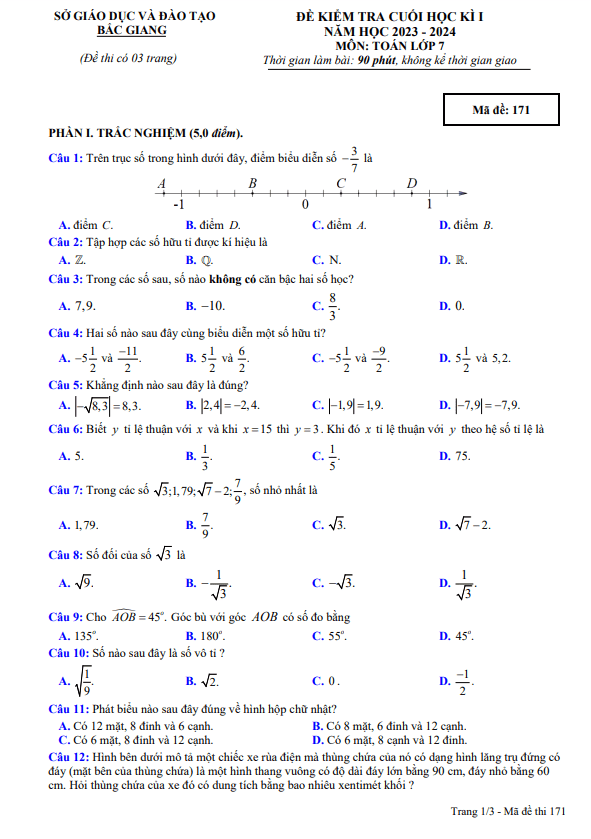 Đề kiểm tra cuối học kì 1 (HK1) lớp 7 môn Toán năm 2023 2024 sở GD ĐT Bắc Giang