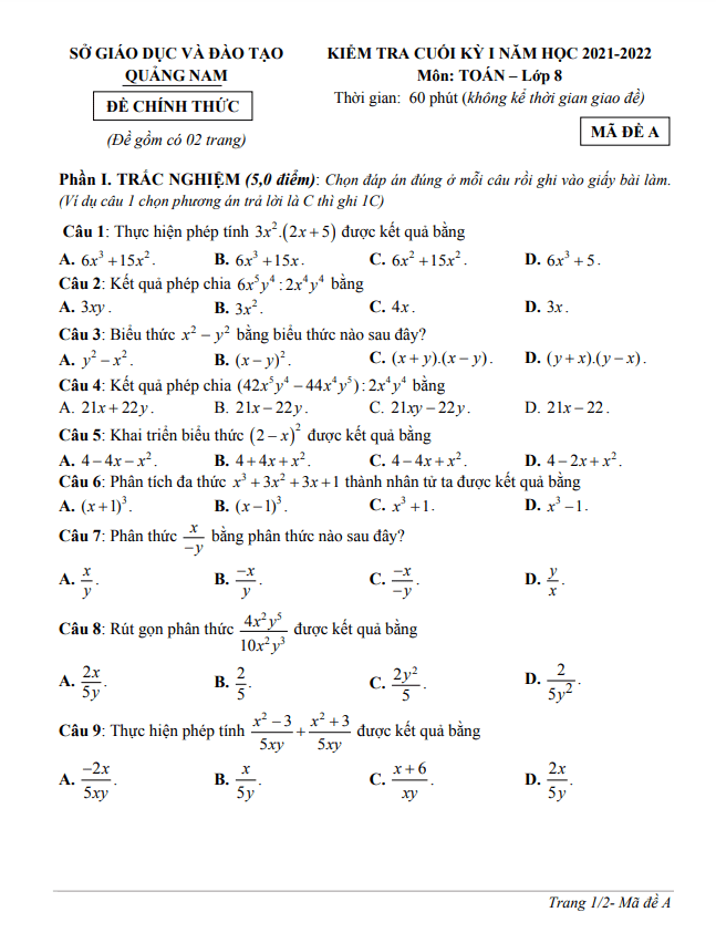 Đề kiểm tra cuối học kì 1 (HK1) lớp 8 môn Toán năm 2021 2022 sở GD ĐT Quảng Nam