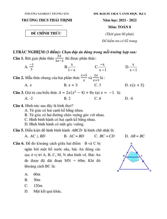 Đề kiểm tra cuối học kì 1 (HK1) lớp 8 môn Toán năm 2021 2022 trường THCS Thái Thịnh Hà Nội