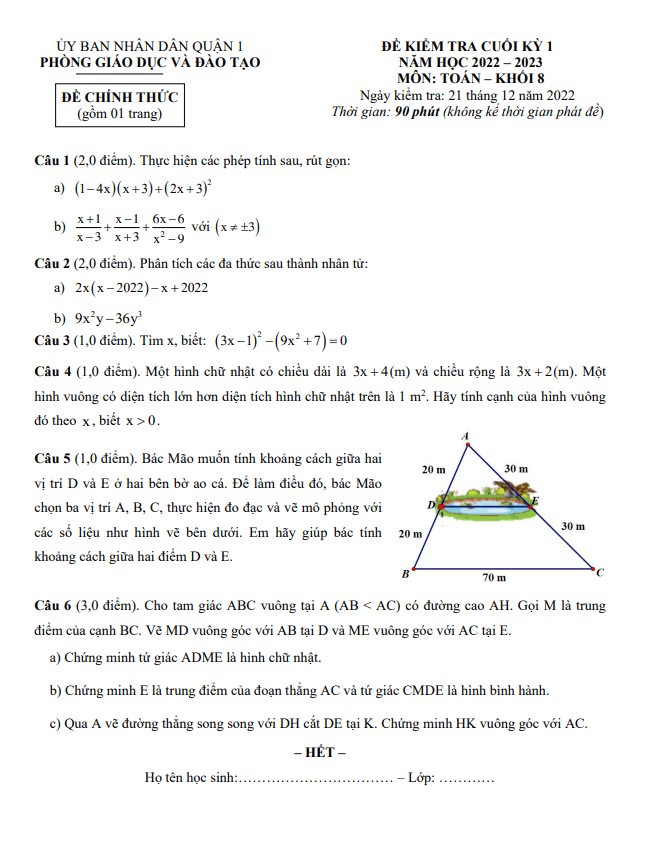 Đề kiểm tra cuối học kì 1 (HK1) lớp 8 môn Toán năm 2022 2023 phòng GD ĐT Quận 1 TP HCM