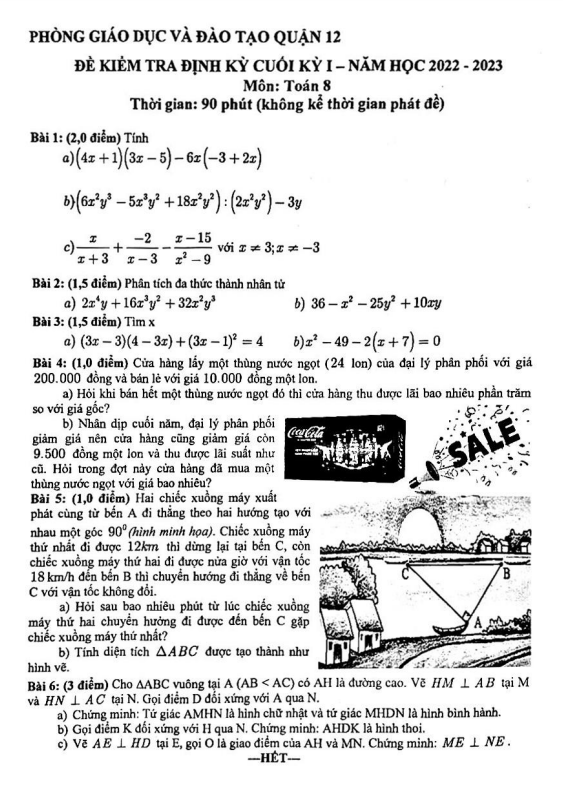 Đề kiểm tra cuối học kì 1 (HK1) lớp 8 môn Toán năm 2022 2023 phòng GD ĐT Quận 12 TP HCM