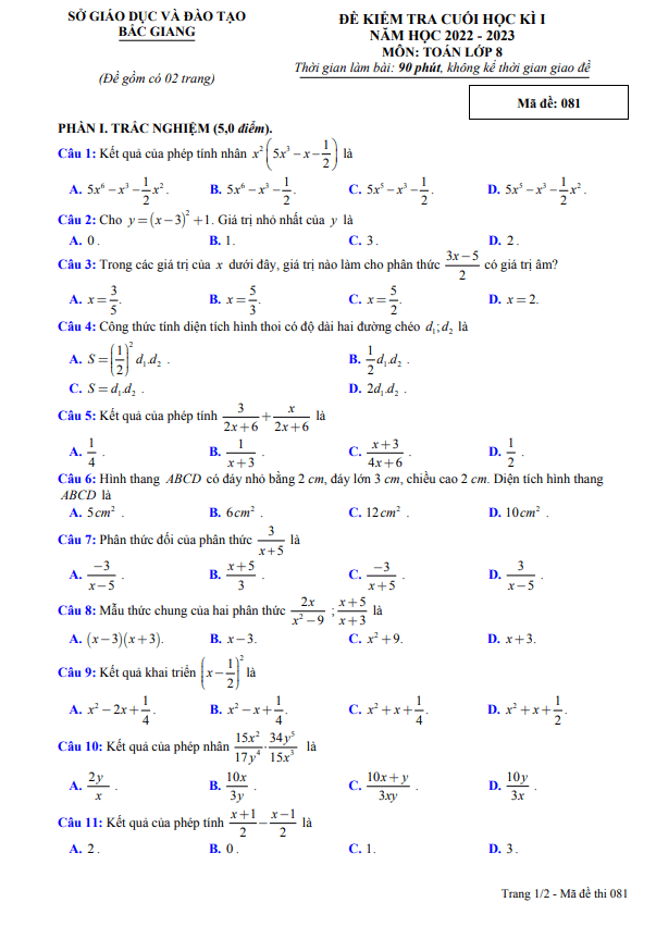 Đề kiểm tra cuối học kì 1 (HK1) lớp 8 môn Toán năm 2022 2023 sở GD ĐT Bắc Giang